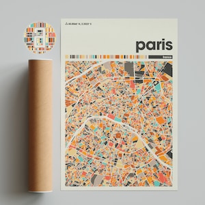 Mapa colorido de París, mapa de la ciudad de París, mapa minimalista de París, impresión de París, póster de París, arte de París, mapa de París, mapa de la ciudad de Francia