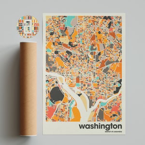 Impression de carte de Washington, carte colorée, impression minimaliste de Washington, plan de la ville de DC, décoration de bureau, décoration murale beige, tirages d'art, oeuvre d'art imprimable,