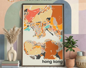 Hong Kong China City Map Print Colorful Minimalist Office Decor Beige Wall Art