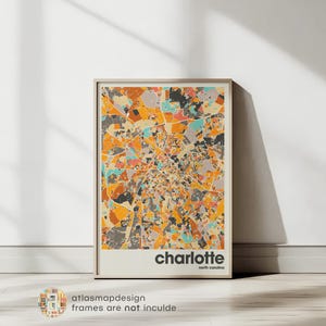 Charlotte North Carolina Map Print - Colorful Minimalist City Map, Printable Office & Beige Wall Decor, North Carolina Art Gift