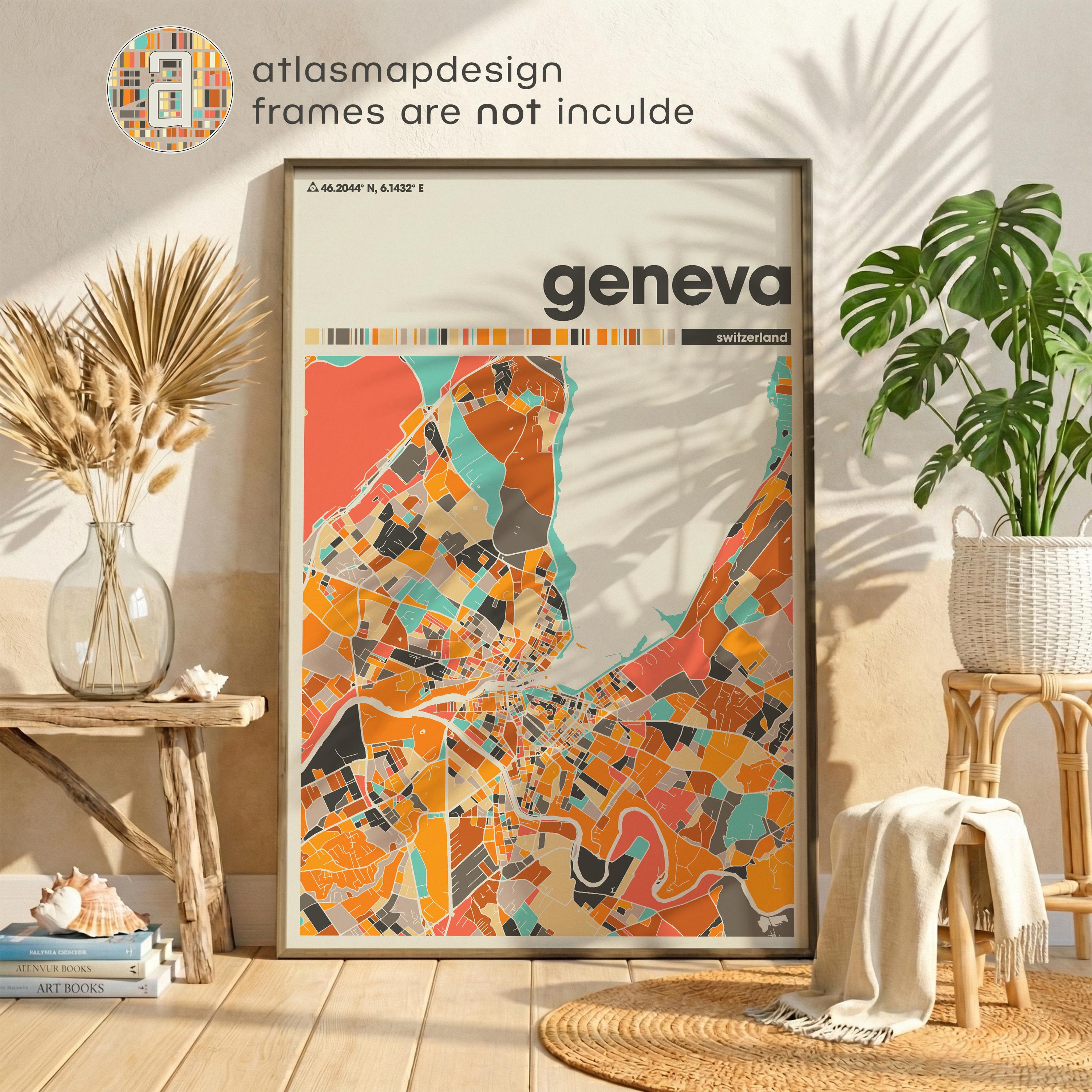 Geneva Switzerland Map Print, Minimalist Poster, Lake Wall Art