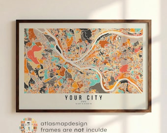 Custom Colorful Landscape City Map Print, Horizontal Abstract Map Wall Art Century Modern Poster