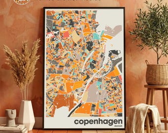 Stampa artistica della mappa di Copenaghen, Danimarca – Poster minimalista e colorato con paesaggio urbano per la casa o l'ufficio.