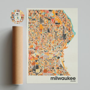 Impressão de mapa de Milwaukee, mapa colorido, impressão minimalista de Milwaukee, mapa da cidade de Wisconsin, decoração de escritório, decoração de parede bege, impressões de arte, arte para impressão
