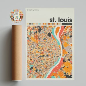 Carte colorée de Saint-Louis, carte de Saint-Louis, carte minimaliste de Saint-Louis, impression de Saint-Louis, affiche de Saint-Louis, art de Saint-Louis, carte de la ville du Missouri