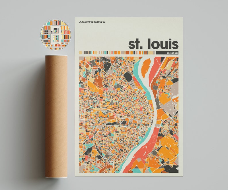 May include: A colorful, abstract map of St. Louis, Missouri. The map is made up of small, geometric shapes in shades of orange, yellow, red, blue, and green. The Mississippi River is shown in blue, winding through the city.