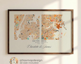 Custom Two City Map Print | Where We Met Couples Gift | Personalized Anniversary Wall Art