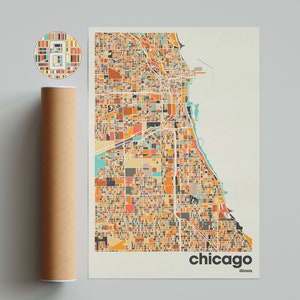 Impression de carte de Chicago, plan de la ville de l'Illinois minimaliste coloré, décoration murale beige pour bureau, impressions d'art à imprimer pour la maison et le bureau