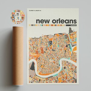Carte colorée de la Nouvelle-Orléans, carte de la Nouvelle-Orléans, carte minimaliste de la Nouvelle-Orléans, impression de la Nouvelle-Orléans, art de la Nouvelle-Orléans, carte de la ville de Louisiane