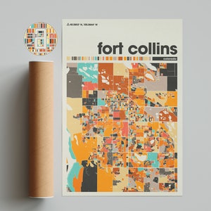 Carte colorée de Fort Collins, carte de la ville de Fort Collins, carte minimaliste de Fort Collins, impression de Fort Collins, affiche de Fort Collins, art de Fort Collins