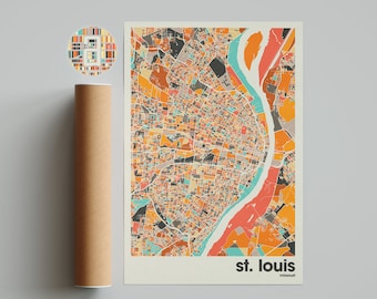 May include: A colorful St. Louis, Missouri map print with a matching round sticker and a brown poster tube. The map features a detailed street layout in shades of orange, teal, and beige, with the city name at the bottom.