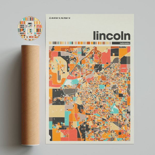 Lincoln bunte Karte, Lincoln Karte, Lincoln Minimalist Karte, Lincoln Print, Lincoln Poster, Lincoln Art, Karte Lincoln, Nebraska City