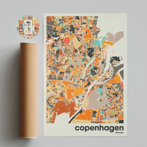Kopenhagen Karte, bunte Karte, Minimalistischer Kopenhagen Druck, Dänemark Stadtplan, Büroeinrichtung, Beige Wand-Dekor, Kunstdrucke, druckbare Kunst