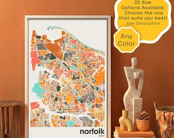 Custom Norfolk VA Map Print – Printable Virginia City Wall Art – Modern Coastal Decor
