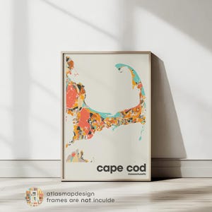 Impresión de mapa de Cape Cod, mapa minimalista colorido de la ciudad de Massachusetts, decoración de oficina y pared, impresiones artísticas en beige, decoración imprimible para el hogar