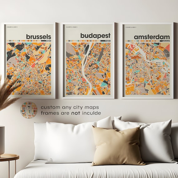Custom Colorful City Map Print Set of 3 Personalized Travel Wall Poster Home Office