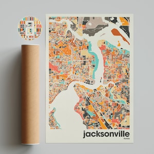 Jacksonville-kaartafdruk, kleurrijke minimalistische stadsplattegrond Florida, kantoor en beige muurdecoratie, afdrukbare kunst voor thuis of op kantoor