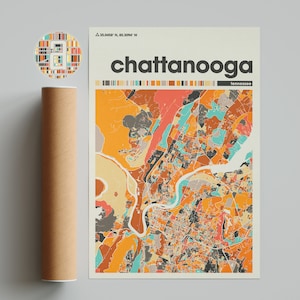 Carte colorée de Chattanooga Carte de la ville de Chattanooga Carte minimaliste de Chattanooga Impression de Chattanooga Poster Chattanooga Plan de la ville du Tennessee
