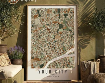 Earth Tone Colors Custom Personalized City Map Art Print  Green Brown Modern Abstract Poster Wall
