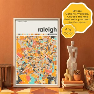 Mapa digital de Raleigh, Carolina do Norte, para download; pôster colorido e personalizado da cidade; ideal para mudanças na Carolina do Norte.