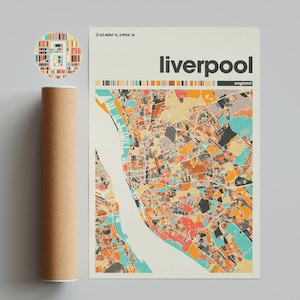 Mapa colorido de Liverpool, mapa de la ciudad de Liverpool, mapa minimalista del Reino Unido, impresión de Liverpool, póster de Liverpool, arte de Liverpool, Inglaterra