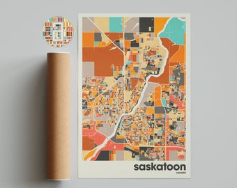 Mapa de Saskatoon impreso, mapa colorido, impresión minimalista de Saskatoon, mapa de la ciudad de Canadá, decoración de oficina, decoración de pared beige, láminas artísticas, arte imprimible