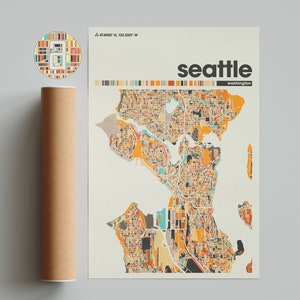 Kleurrijke kaart van Seattle, kaart van de stad Seattle, minimalistische kaart van Seattle, print van Seattle, poster van Seattle, kunst van Seattle, kaart van Seattle, Washington