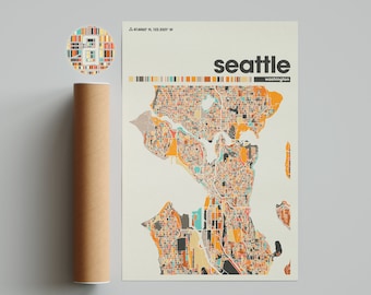 May include: A colorful map of Seattle, Washington, with a grid pattern of different colored squares. The map is on a cream-colored background with the text "seattle" and "washington" in black.