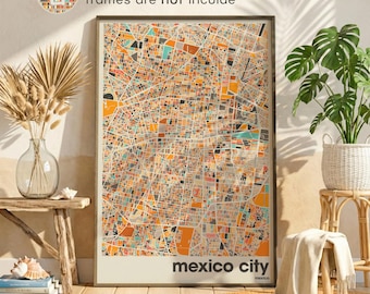 Mexico City Colotful Map Minimalistischer moderner Wandkunst-Druck, Home Office Decor - Schlafzimmer