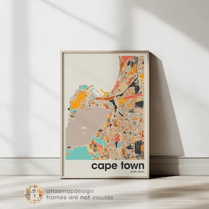 Impression de carte du Cap, bureau minimaliste coloré, carte de la ville d'Afrique du Sud et décoration imprimable d'art mural beige