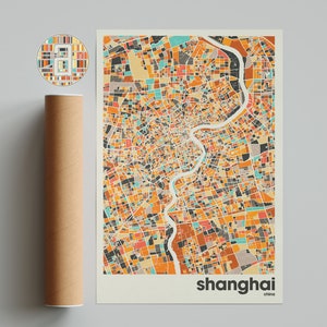 Impression de carte de Shanghai, carte colorée, impression de Shanghai minimaliste, plan de la ville de Chine, décoration de bureau, décoration murale beige, tirages d'art, oeuvres d'art à imprimer