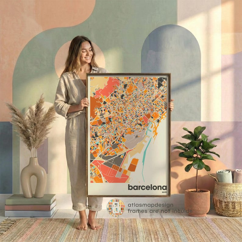 Mapa Barcelony w Hiszpanii, kolorowy minimalistyczny plakat artystyczny, dekoracja ścienna mapy Barcelony, prezent podróżny, dekoracja biura domowego zdjęcie 17