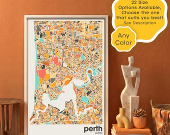 Custom Perth Australia Map Print Digital Download, Colorful City Poster, Personalized Wall Art