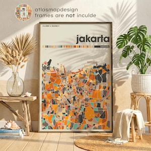 Print kleurrijke stadskaart Jakarta, Indonesië – Minimalistische muurposter Home Office Decor