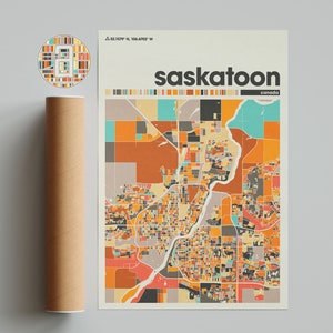 Carte colorée de Saskatoon, carte de la ville de Saskatoon, carte minimaliste de Saskatoon, impression de Saskatoon, affiche de Saskatoon, art de Saskatoon, plan de la ville du Canada