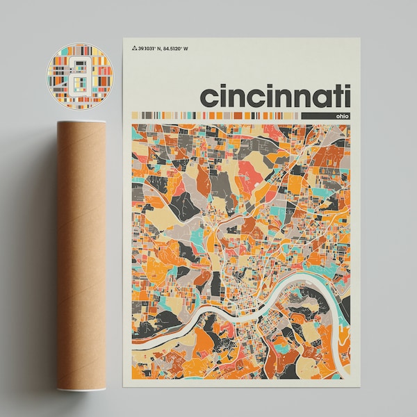 Cincinnati Colorful Map, City of Cincinnati Map, Cincinnati Minimalist  Map, Cincinnati Print, Cincinnati Poster, Cincinnati, Ohio City Map