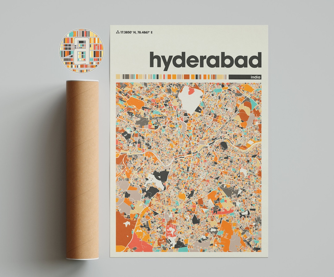 Hyderabad Colorful Map, City of Hyderabad Map, Hyderabad Minimalist Map, Hyderabad Print