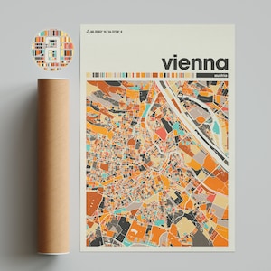 Mapa de Viena, Viena, Impressão de mapa, Mapa minimalista, Impressão da Áustria, Decoração minimalista, Arte de parede para impressão, Sala de estar, Decoração para casa, colorido