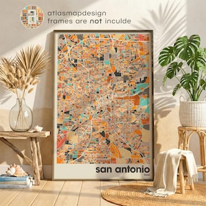 Mapa de San Antonio impreso, mapa colorido, impresión minimalista de San Antonio, mapa de la ciudad de Texas, decoración de oficina, decoración de pared beige, arte, descarga digital