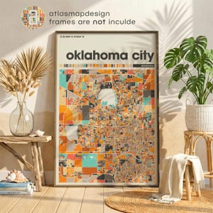 Impresión artística del mapa colorido de la ciudad de Oklahoma: póster minimalista para pared, hogar y oficina