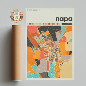 Napa bunte Karte, Stadt Napa Karte, Napa minimalistische Karte, Napa Druck, Napa Poster, Napa Kunst, Karte von Napa, Kalifornien Stadtplan