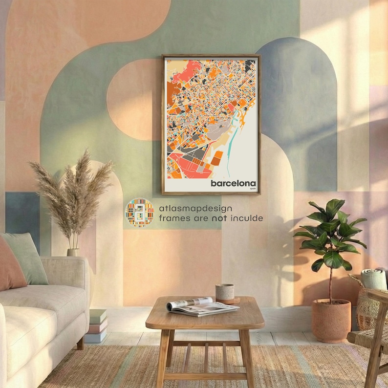 Mapa Barcelony w Hiszpanii, kolorowy minimalistyczny plakat artystyczny, dekoracja ścienna mapy Barcelony, prezent podróżny, dekoracja biura domowego zdjęcie 2