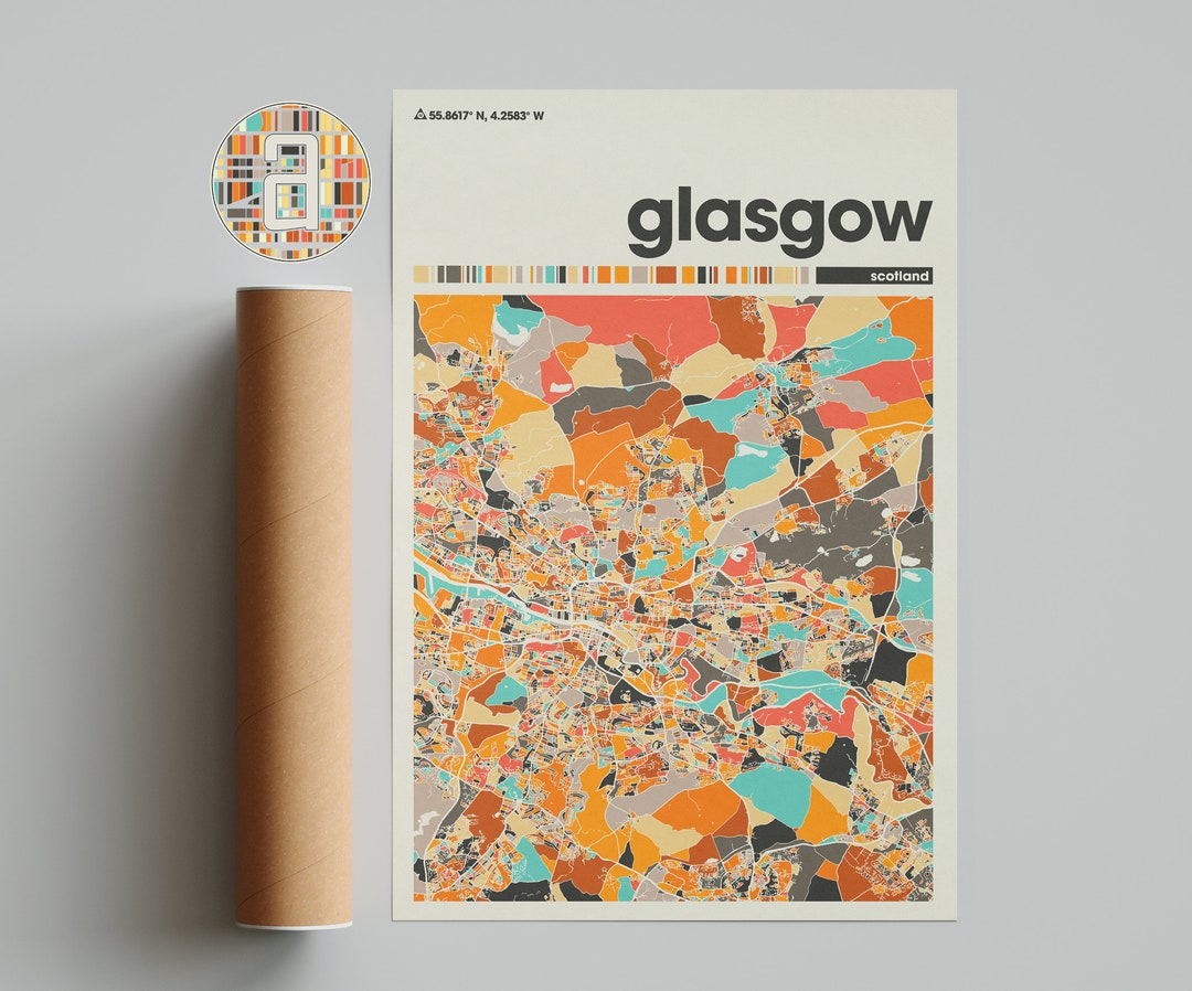 Glasgow, Colorful Map, City of Glasgow Map, Glasgow Minimalist Map