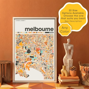 May include: A framed map print of Melbourne, Australia, in a colorful geometric design. The print features the city's name and coordinates. A yellow sticker states "22 Size Options Available, Choose the one that suits you best! See Description" and "Any Color".