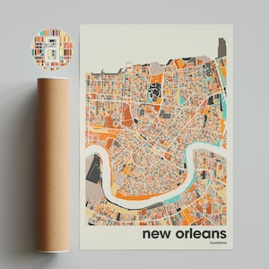 Impressão de mapa de Nova Orleans, arte minimalista e colorida da cidade de Louisiana, decoração de escritório e parede, pôster de mapa bege para impressão