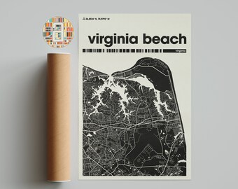 Mapa da cidade de Virginia Beach, mapa da cidade de Virginia, mapa da cidade minimalista, mapa da cidade moderno, pôster personalizado da cidade, arte de parede, decoração para casa, decoração para escritório