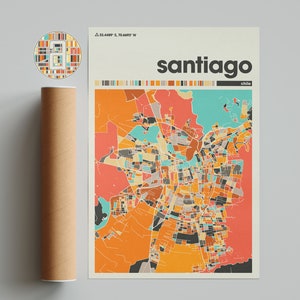Santiago, Mapa Colorido, Mapa da Cidade de Santiago, Mapa Minimalista de Santiago, Impressão de Santiago, Pôster de Santiago, Arte de Santiago, Mapa da Cidade do Chile