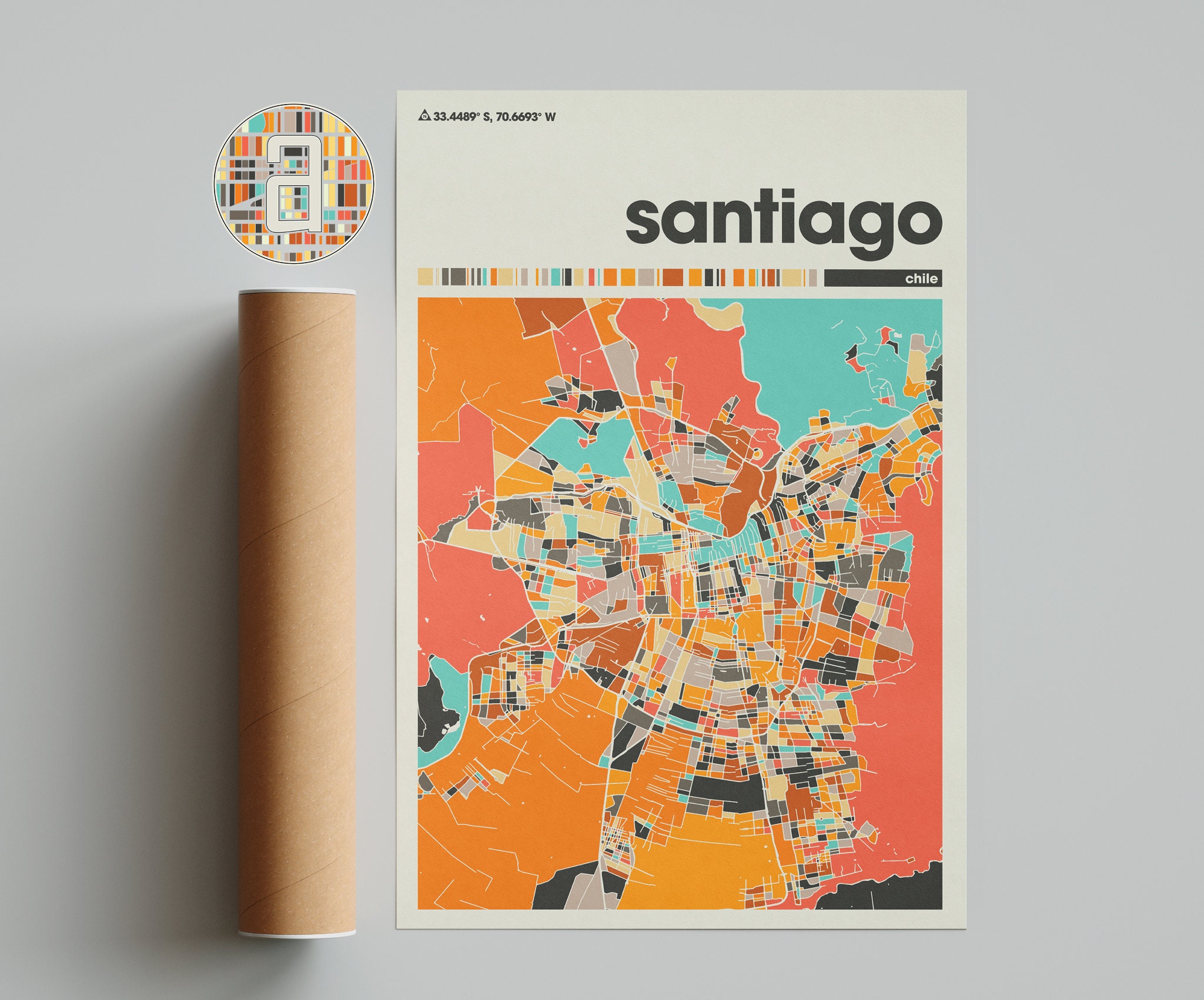 Colorful Santiago Chile Map Art Print: Minimalist City Poster