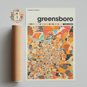 Greensboro Map Print, Colorful Minimalist City Map Poster, North Carolina Wall Art, Modern Home Decor, Gift for Travelers & Locals