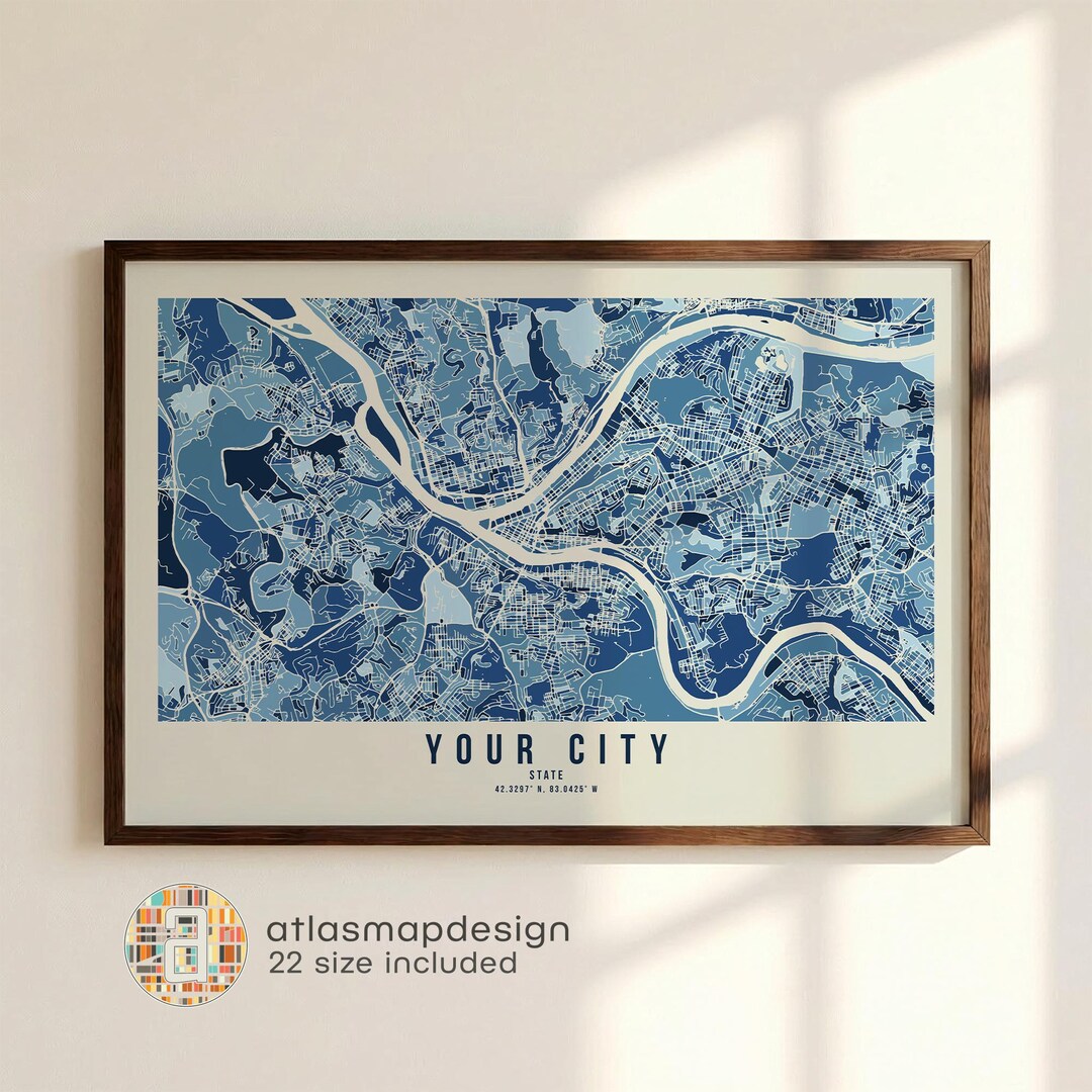 Map Styles Blue Horizontal Personalized Blue City Map Print Digital Landscape Art ...